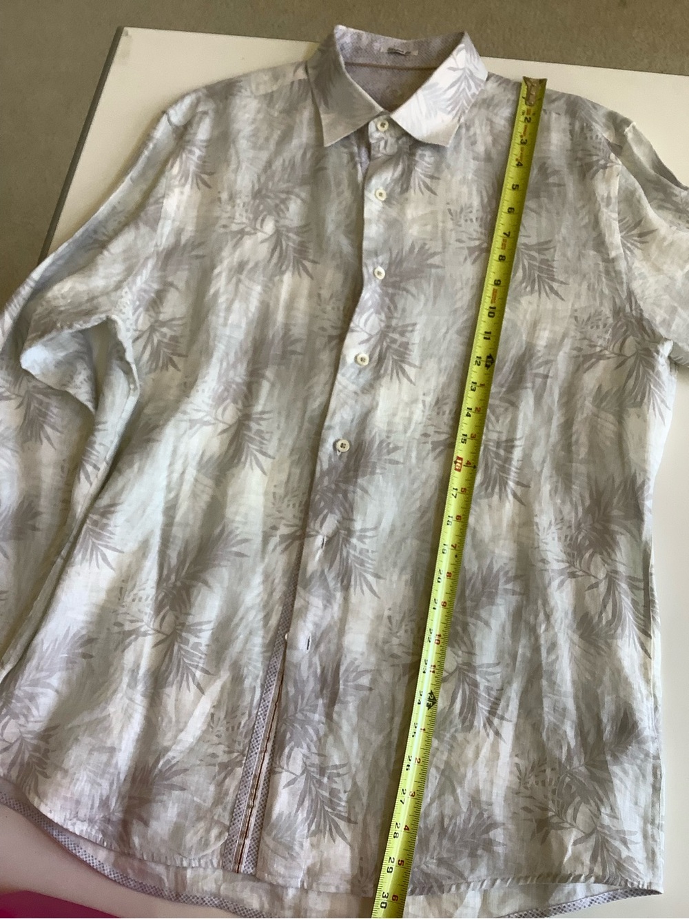 Bugatchi Men's Shaped Fit Button Down Shirt White Light Gray Palm Print Size - Picture 9 of 11